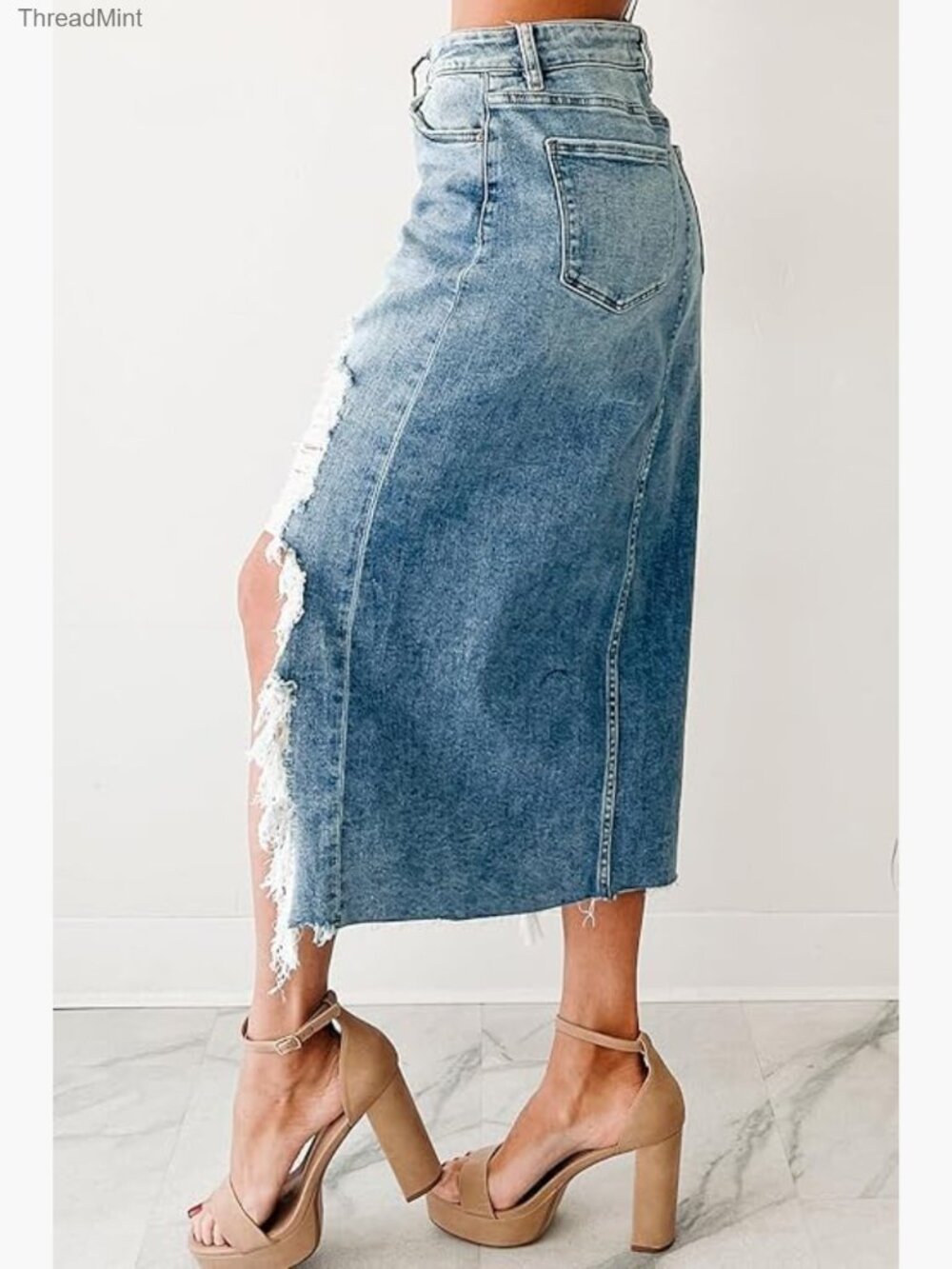 Ripped Distressed High Waist Denim Skirt Y2k Stretch Midi Skort - Picture 5 of 7